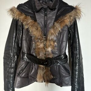 Stylish Gray and Black Leather Jacket with Fur Trim and Hood